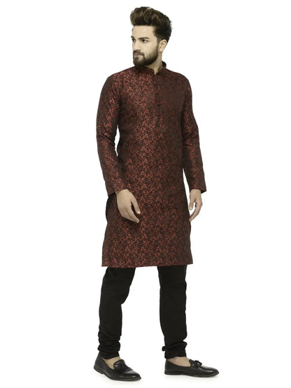 Jompers Men's Maroon & Black Woven Design Kurta with Churidar
