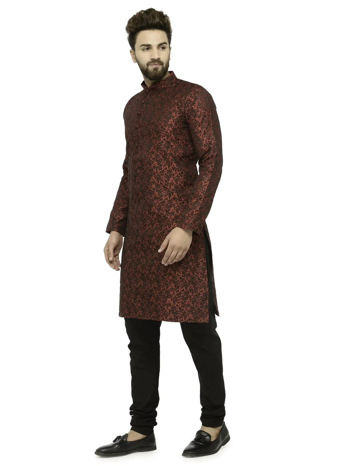 Jompers Men's Maroon & Black Woven Design Kurta with Churidar
