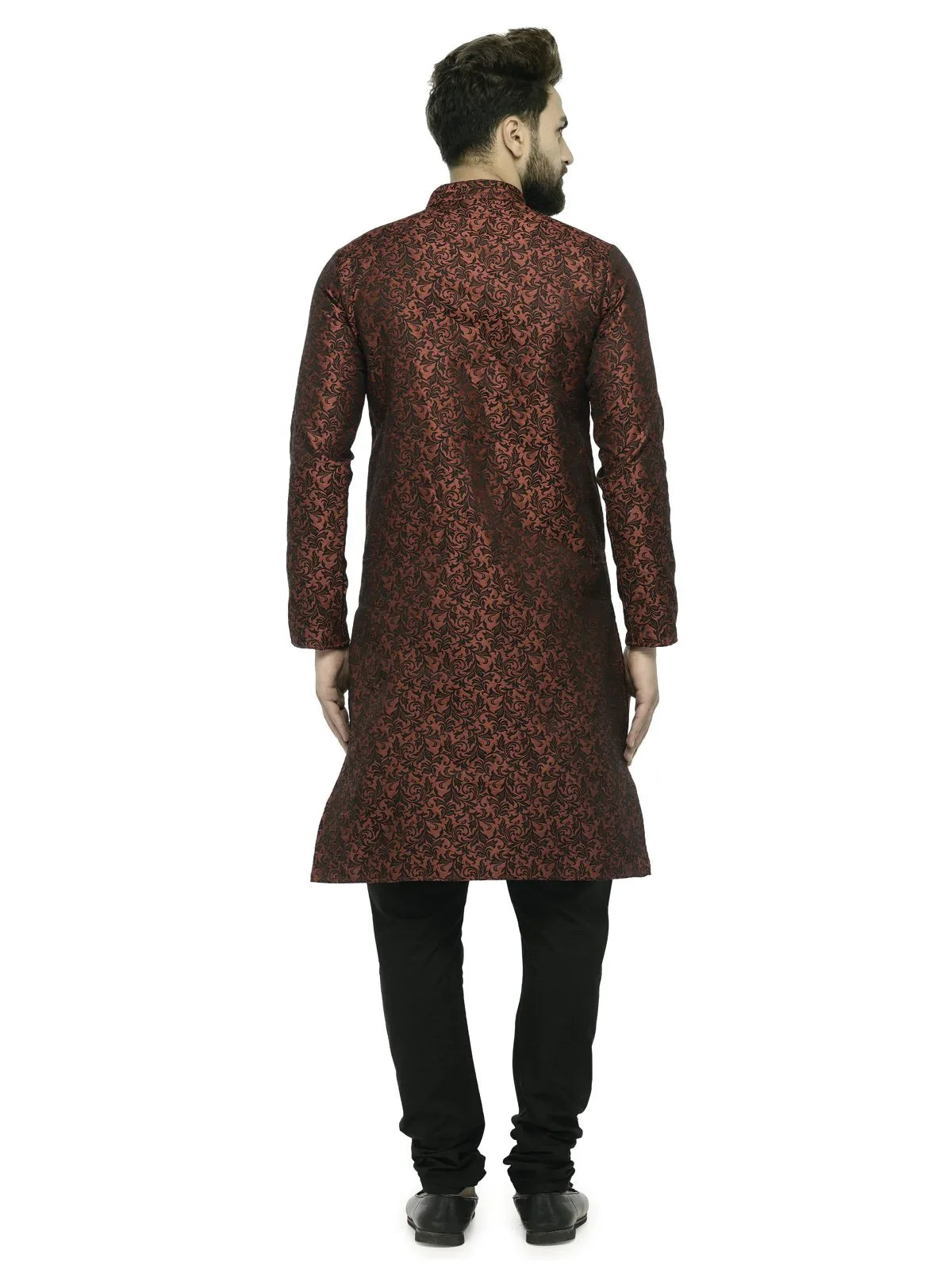Jompers Men's Maroon & Black Woven Design Kurta with Churidar