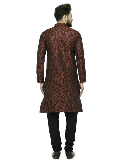 Jompers Men's Maroon & Black Woven Design Kurta with Churidar