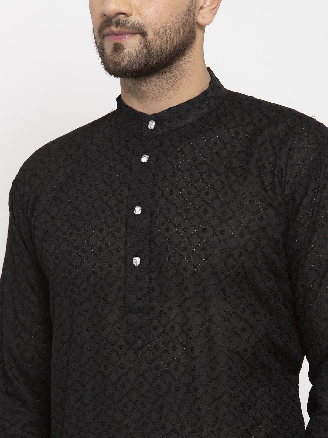Jompers Men Black Chikan Kurta with Churidar