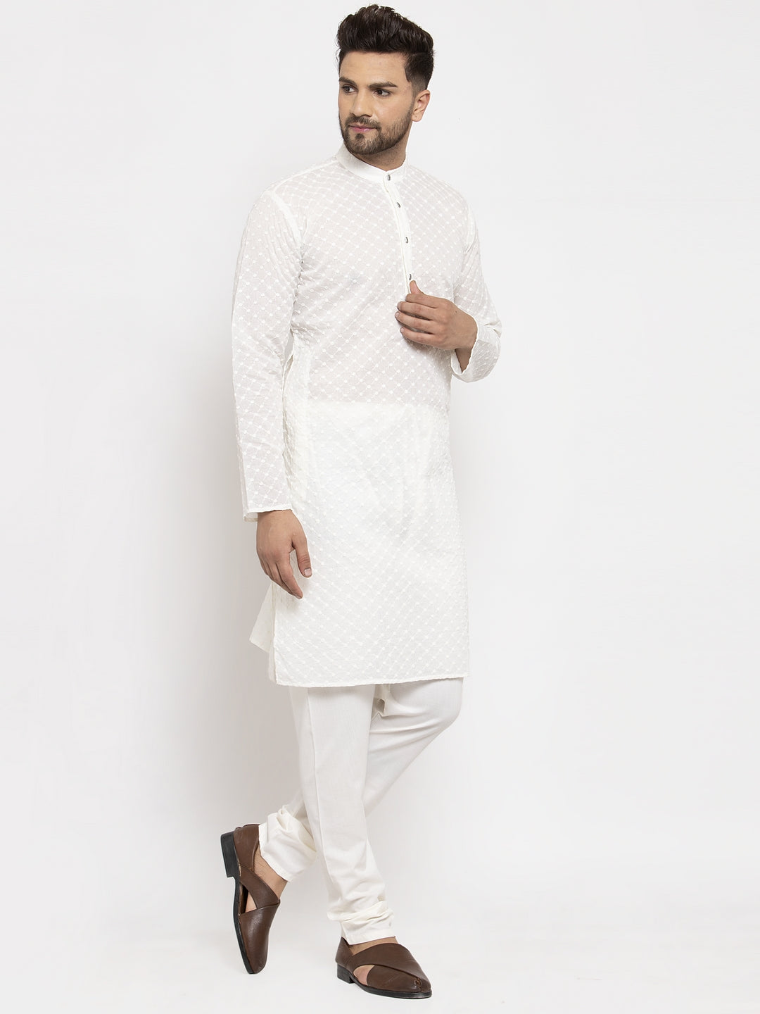 Jompers Men Cream Chikan Kurta with Churidar