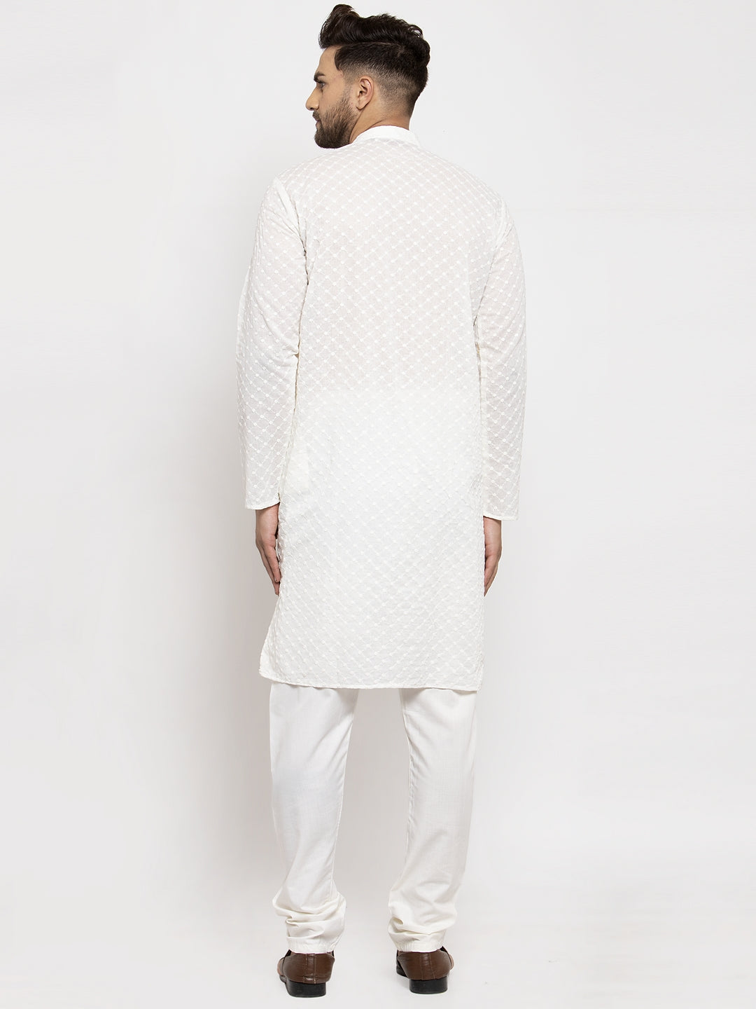 Jompers Men Cream Chikan Kurta with Churidar