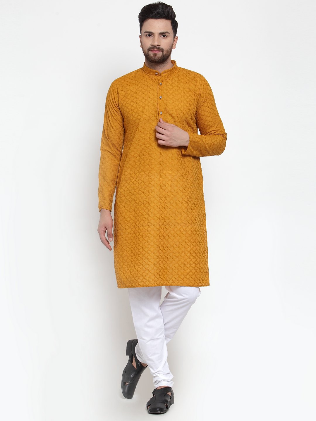 Jompers Men Mustard Chikan Kurta Only