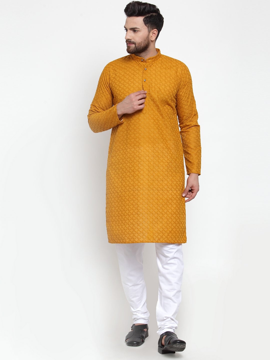 Jompers Men Mustard Chikan Kurta Only