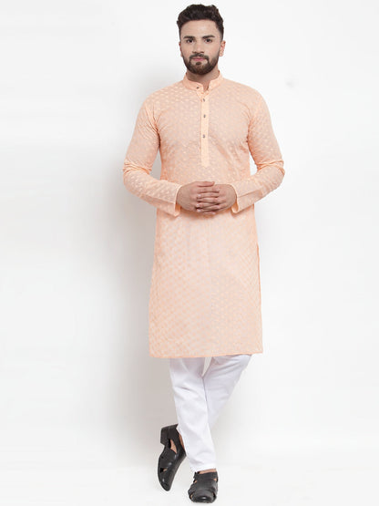 Jompers Men Orange Chikan Kurta with Churidar