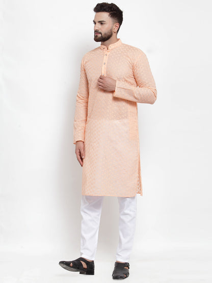 Jompers Men Orange Chikan Kurta with Churidar