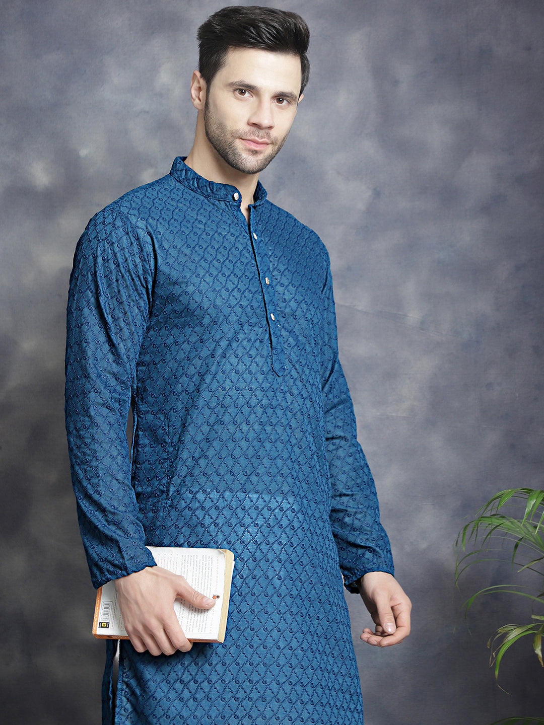 Jompers Men's Chikankari Pure Cotton Kurta with Churidar - Peacock
