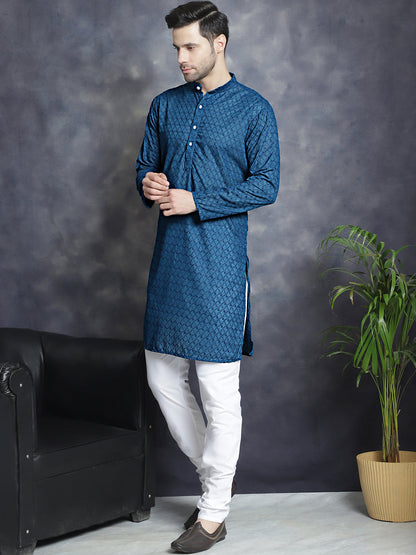 Jompers Men's Chikankari Pure Cotton Kurta with Churidar - Peacock