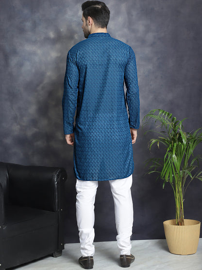 Jompers Men's Chikankari Pure Cotton Kurta with Churidar - Peacock