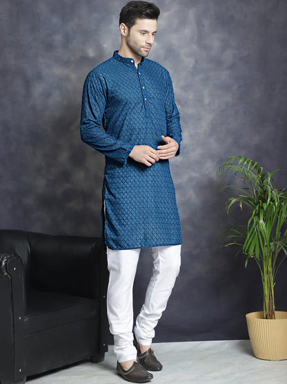 Jompers Men's Chikankari Pure Cotton Kurta with Churidar - Peacock