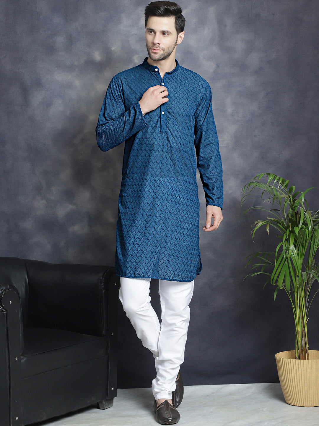 Jompers Men's Chikankari Pure Cotton Kurta with Churidar - Peacock