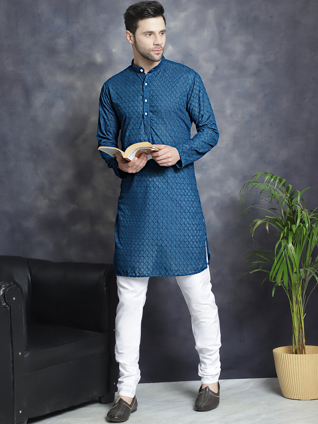 Jompers Men's Chikankari Pure Cotton Kurta with Churidar - Peacock