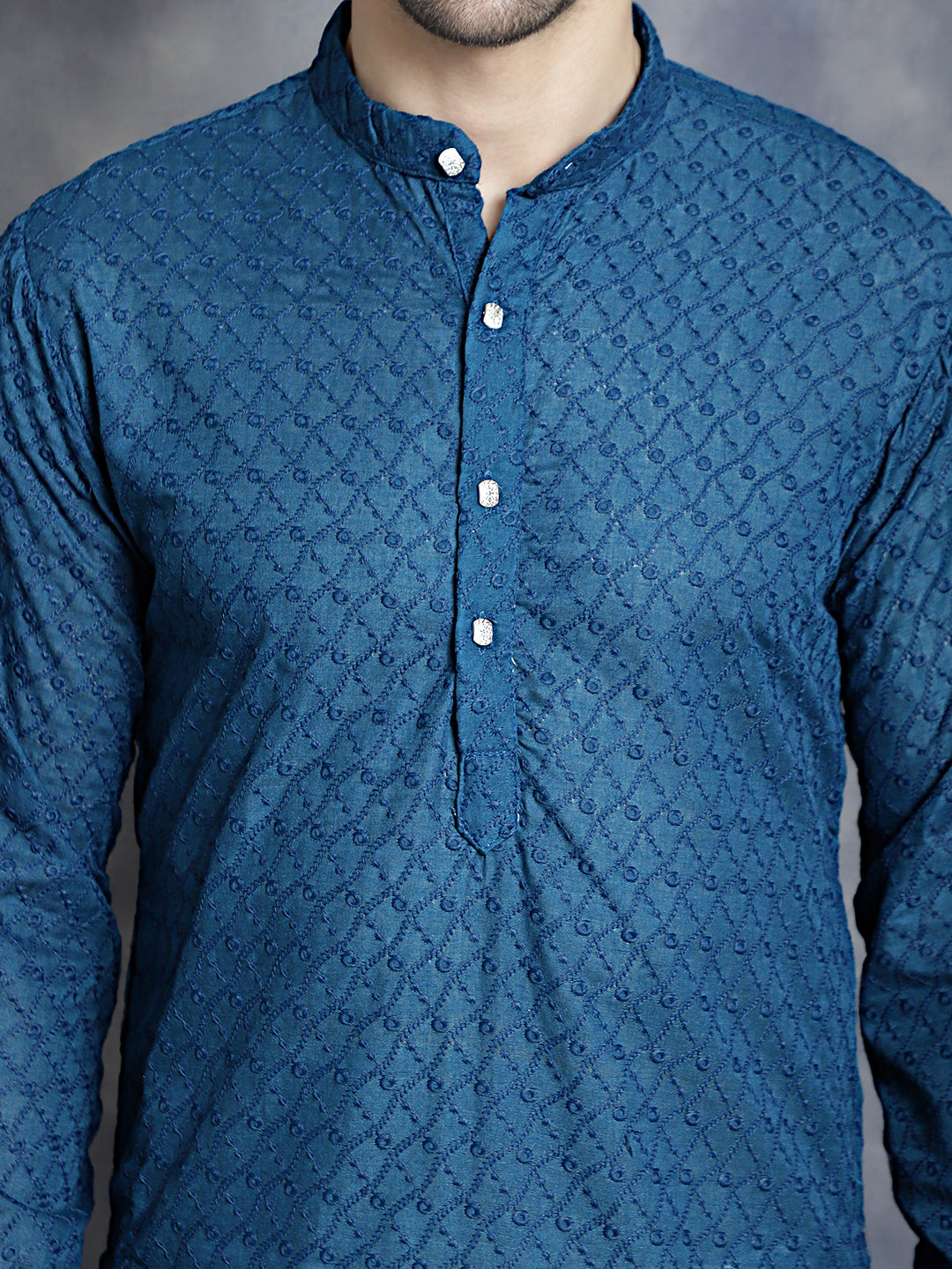 Jompers Men's Chikankari Pure Cotton Kurta with Churidar - Peacock