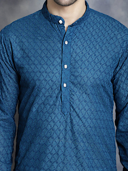 Jompers Men's Chikankari Pure Cotton Kurta with Churidar - Peacock