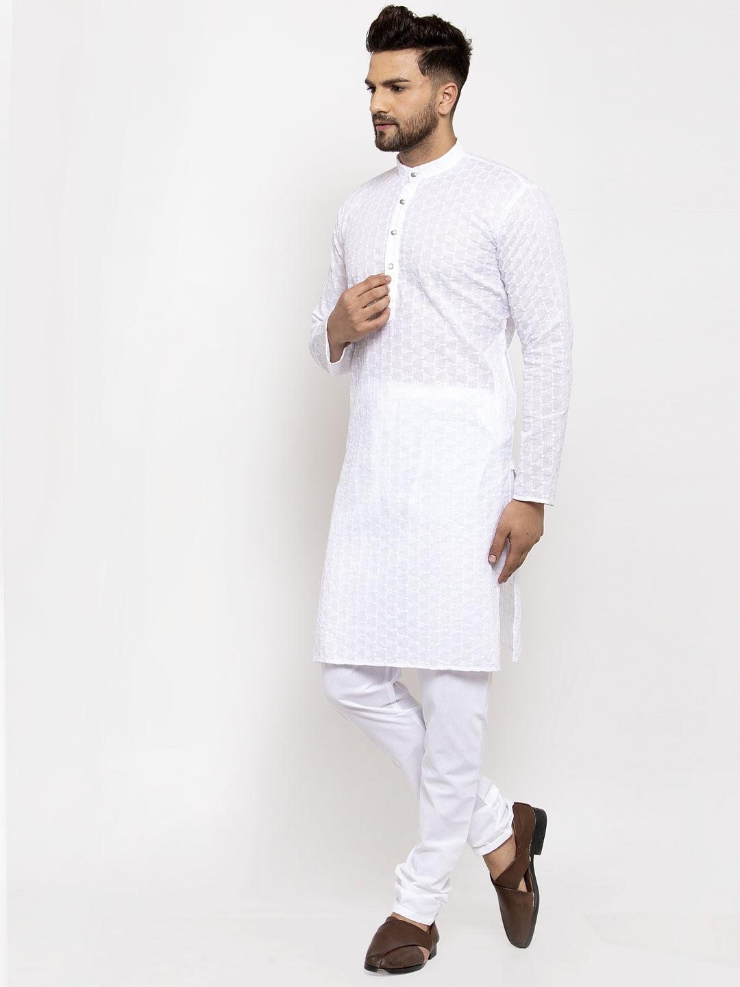 Jompers Men White Chikan Kurta with Churidar