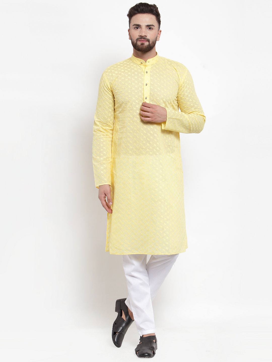 Jompers Men Yellow Chikan Kurta Only