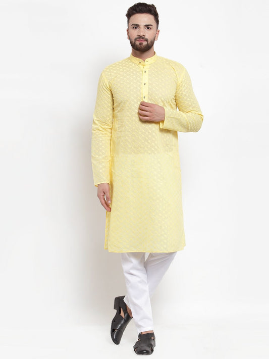 Jompers Men Yellow Chikan Kurta Only