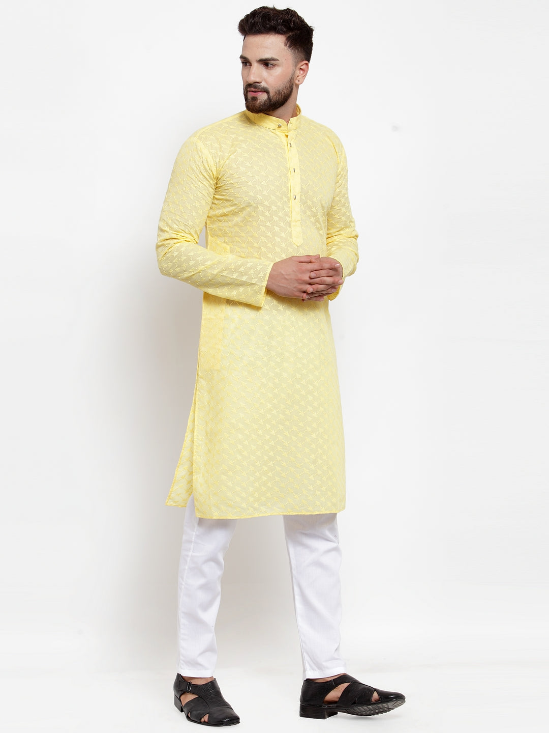 Jompers Men Yellow Chikan Kurta with Churidar
