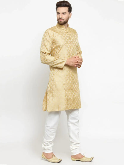 Jompers Men's Golden Self Design Kurta with Churidar