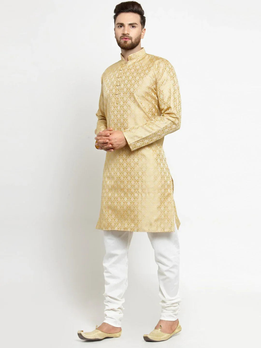Jompers Men's Golden Self Design Kurta with Churidar