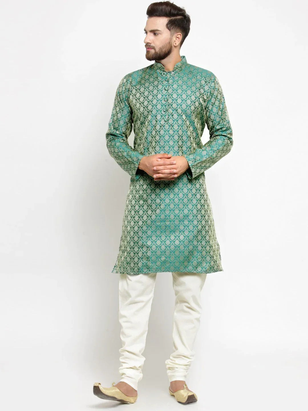 Jompers Men's Green & Beige Self Design Kurta with Churidar