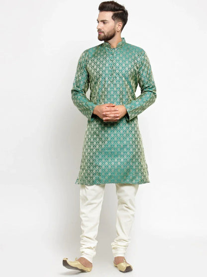 Jompers Men's Green & Beige Self Design Kurta with Churidar