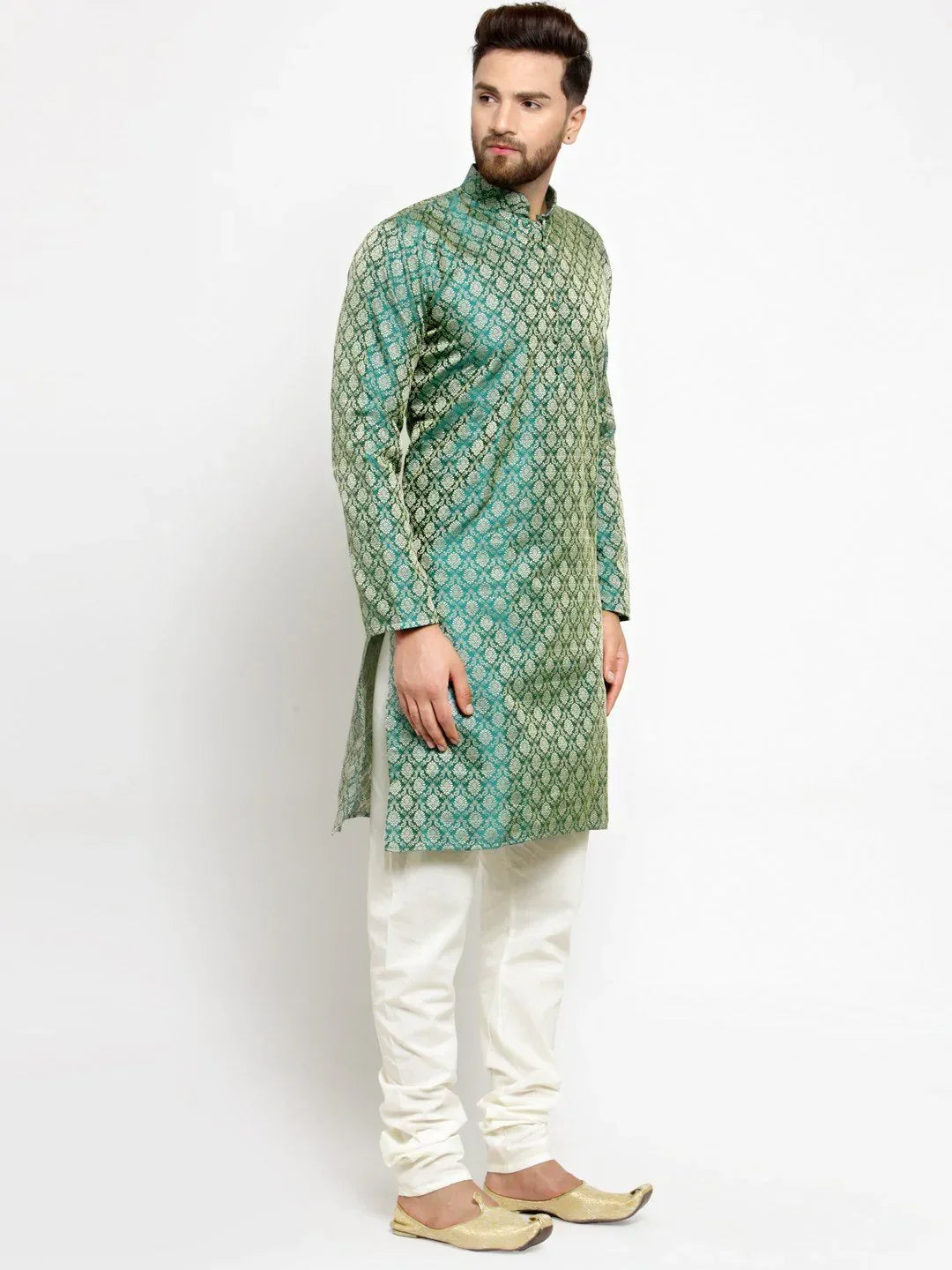 Jompers Men's Green & Beige Self Design Kurta with Churidar