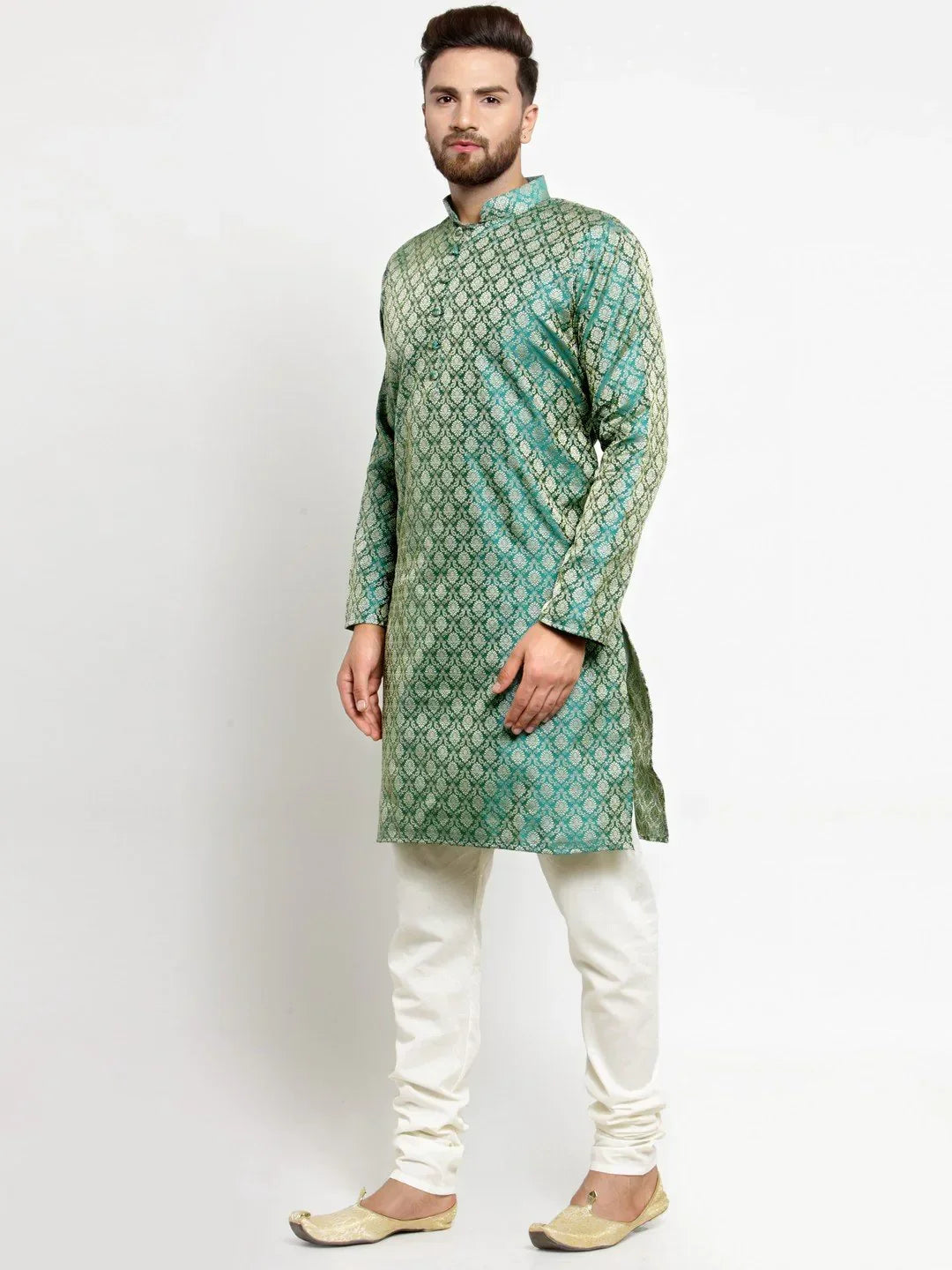 Jompers Men's Green & Beige Self Design Kurta with Churidar