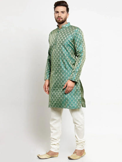 Jompers Men's Green & Beige Self Design Kurta with Churidar