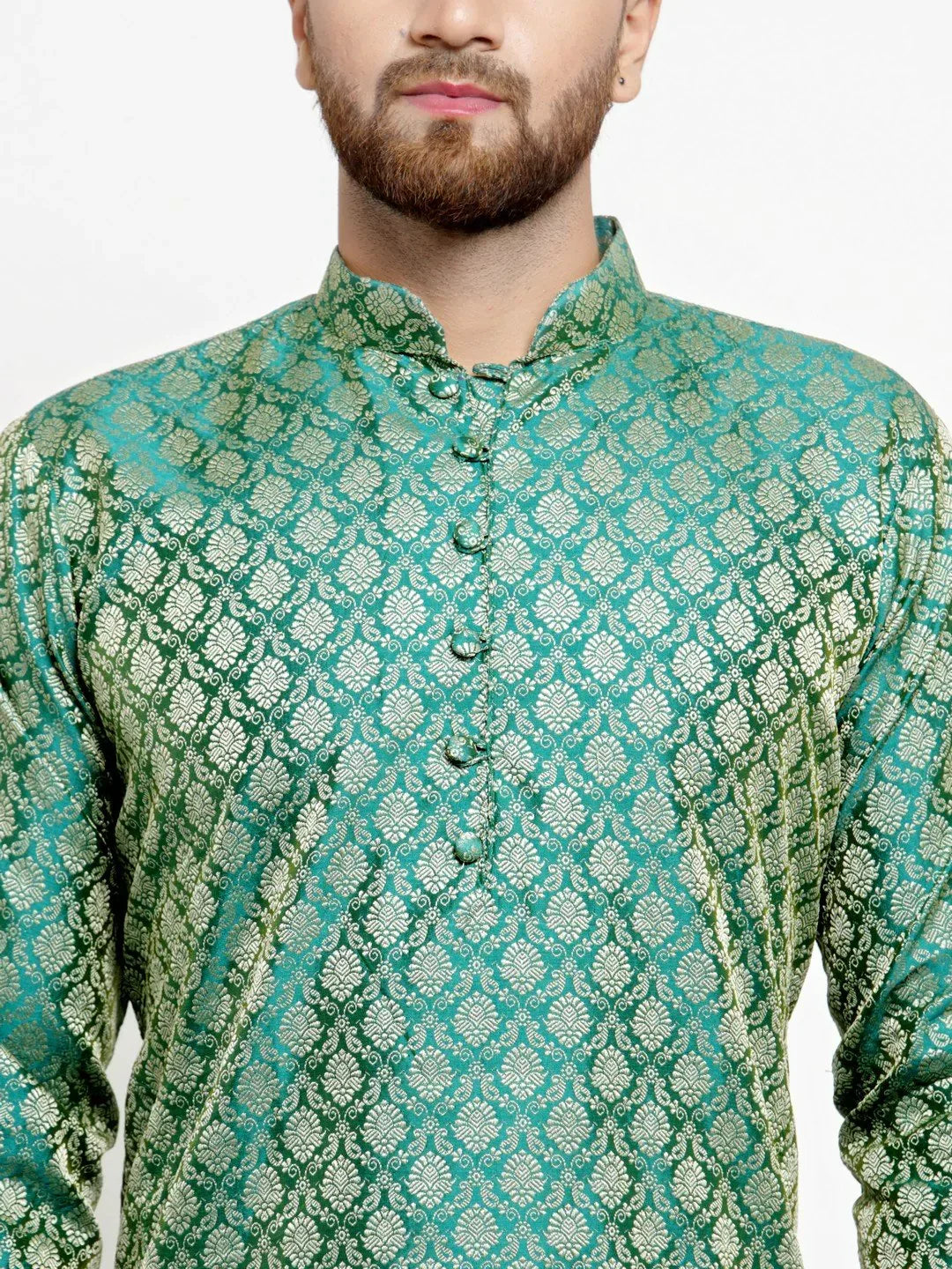Jompers Men's Green & Beige Self Design Kurta with Churidar