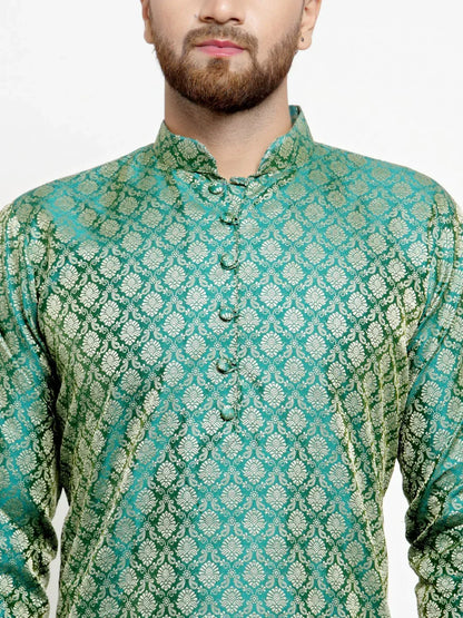 Jompers Men's Green & Beige Self Design Kurta with Churidar