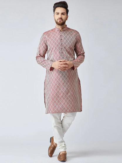 Jompers Men's Maroon & Off-White Self Design Kurta with Churidar