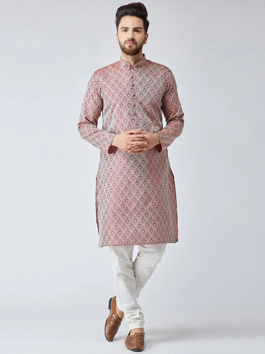 Jompers Men's Maroon & Off-White Self Design Kurta with Churidar