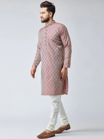 Jompers Men's Maroon & Off-White Self Design Kurta with Churidar