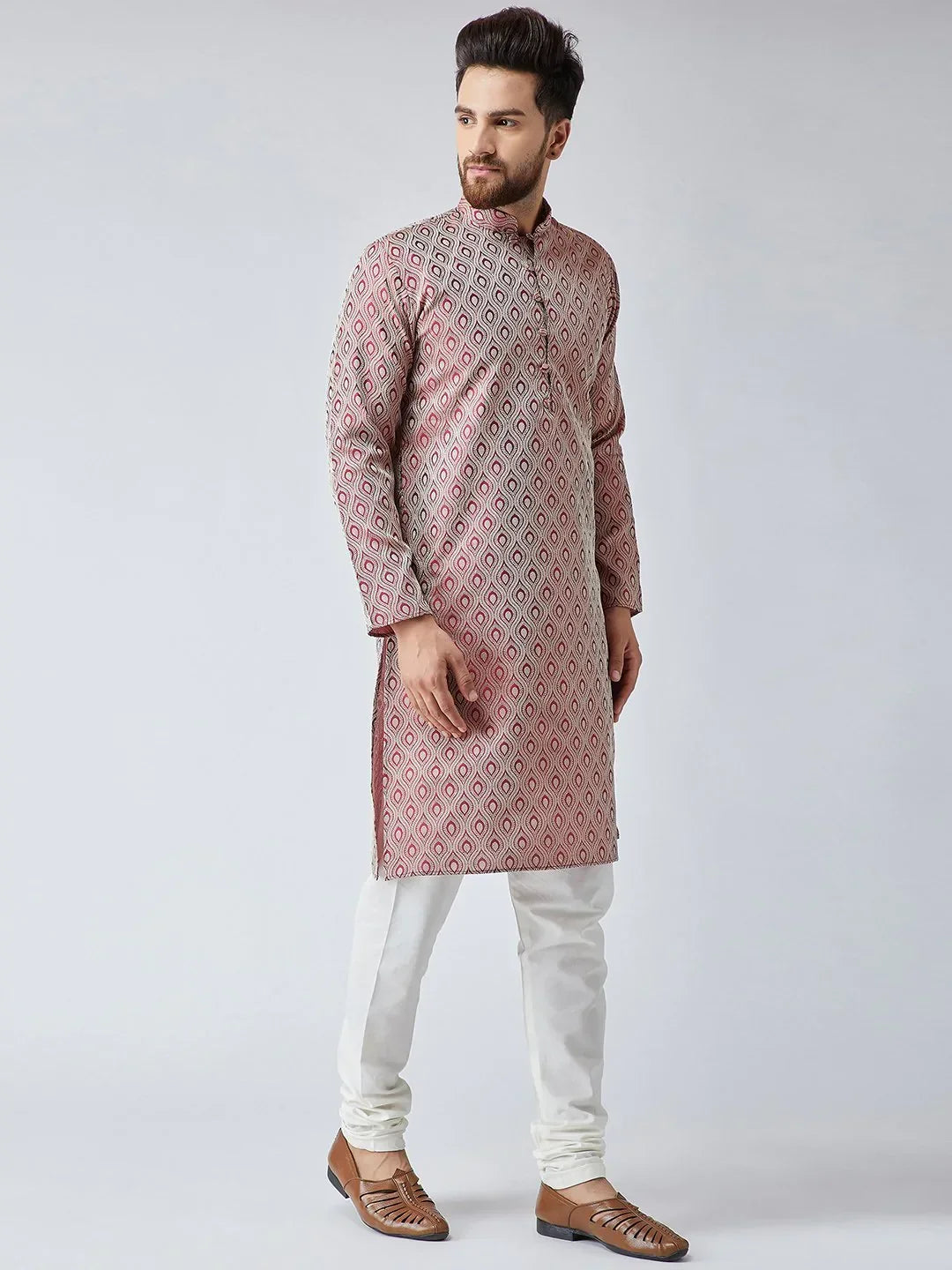 Jompers Men's Maroon & Off-White Self Design Kurta Only