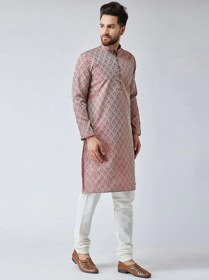 Jompers Men's Maroon & Off-White Self Design Kurta Only