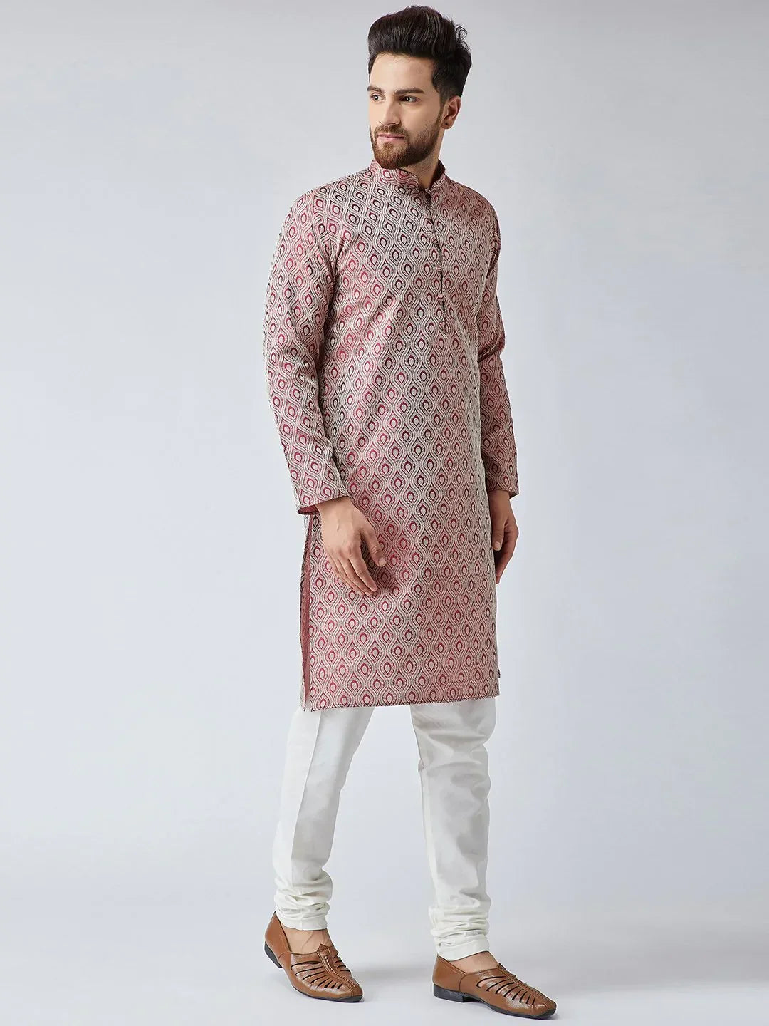 Jompers Men's Maroon & Off-White Self Design Kurta with Churidar