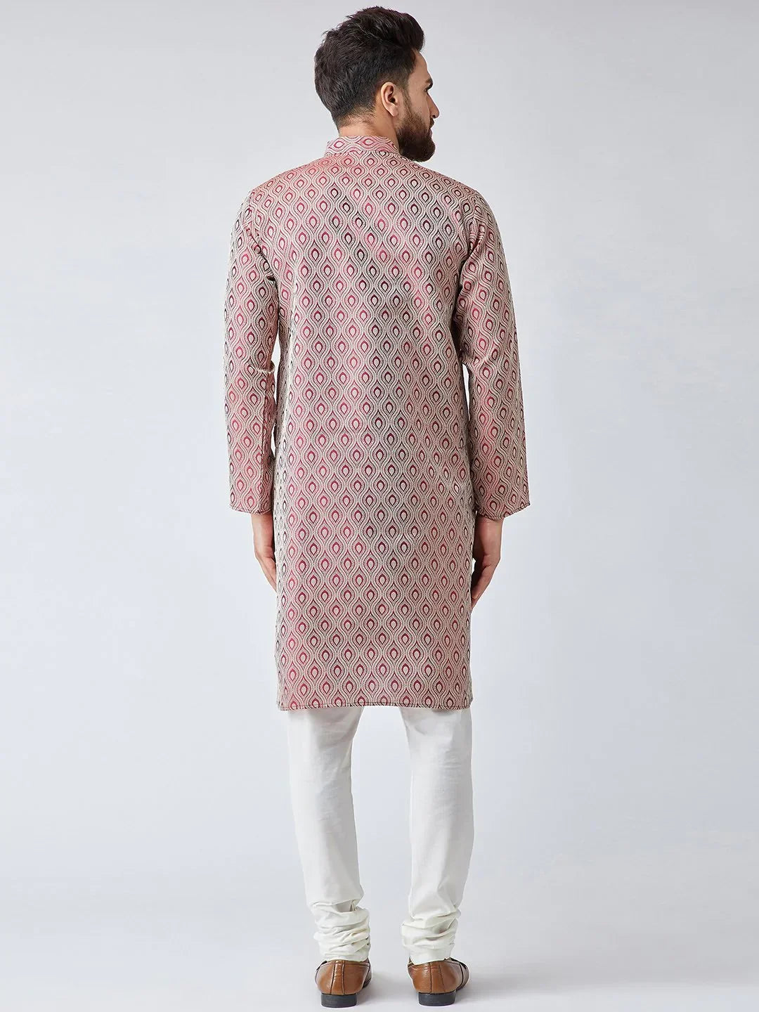 Jompers Men's Maroon & Off-White Self Design Kurta with Churidar