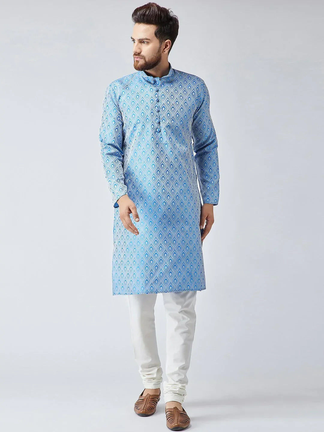 Jompers Men's Sky Blue & Off-White Self Design Kurta Only