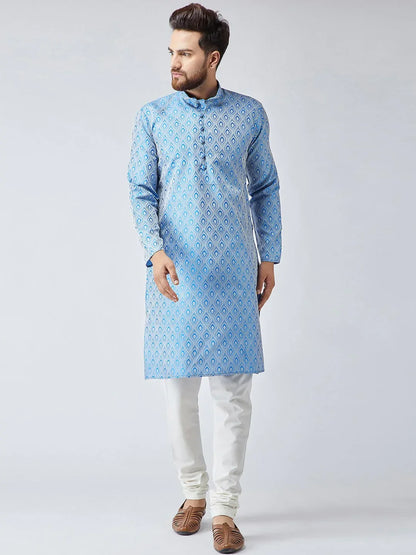 Jompers Men's Sky Blue & Off-White Self Design Kurta with Churidar