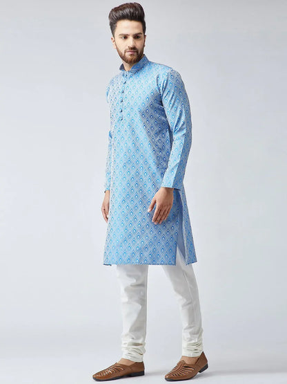 Jompers Men's Sky Blue & Off-White Self Design Kurta with Churidar