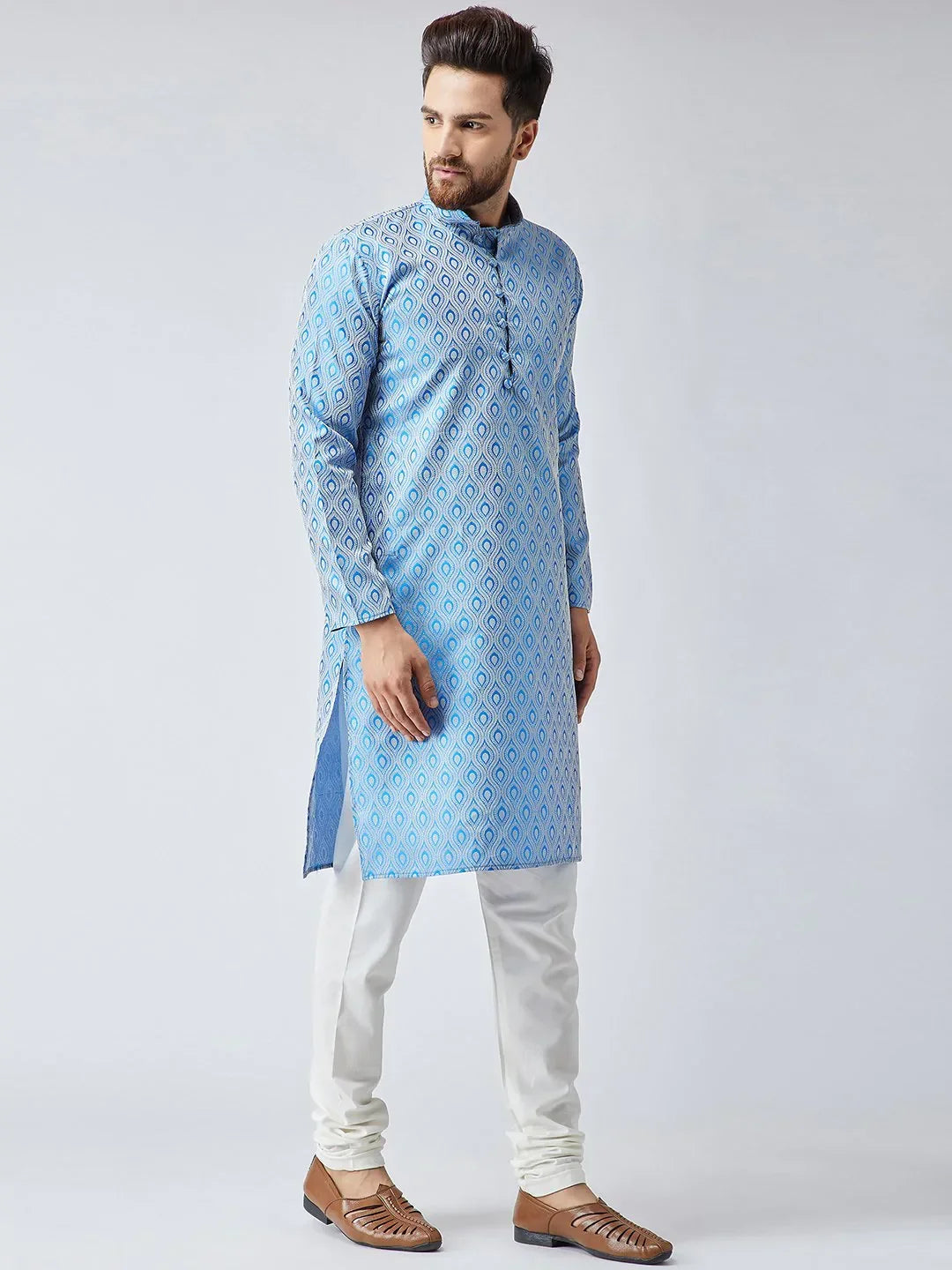 Jompers Men's Sky Blue & Off-White Self Design Kurta with Churidar