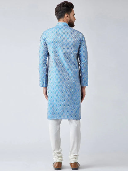 Jompers Men's Sky Blue & Off-White Self Design Kurta with Churidar