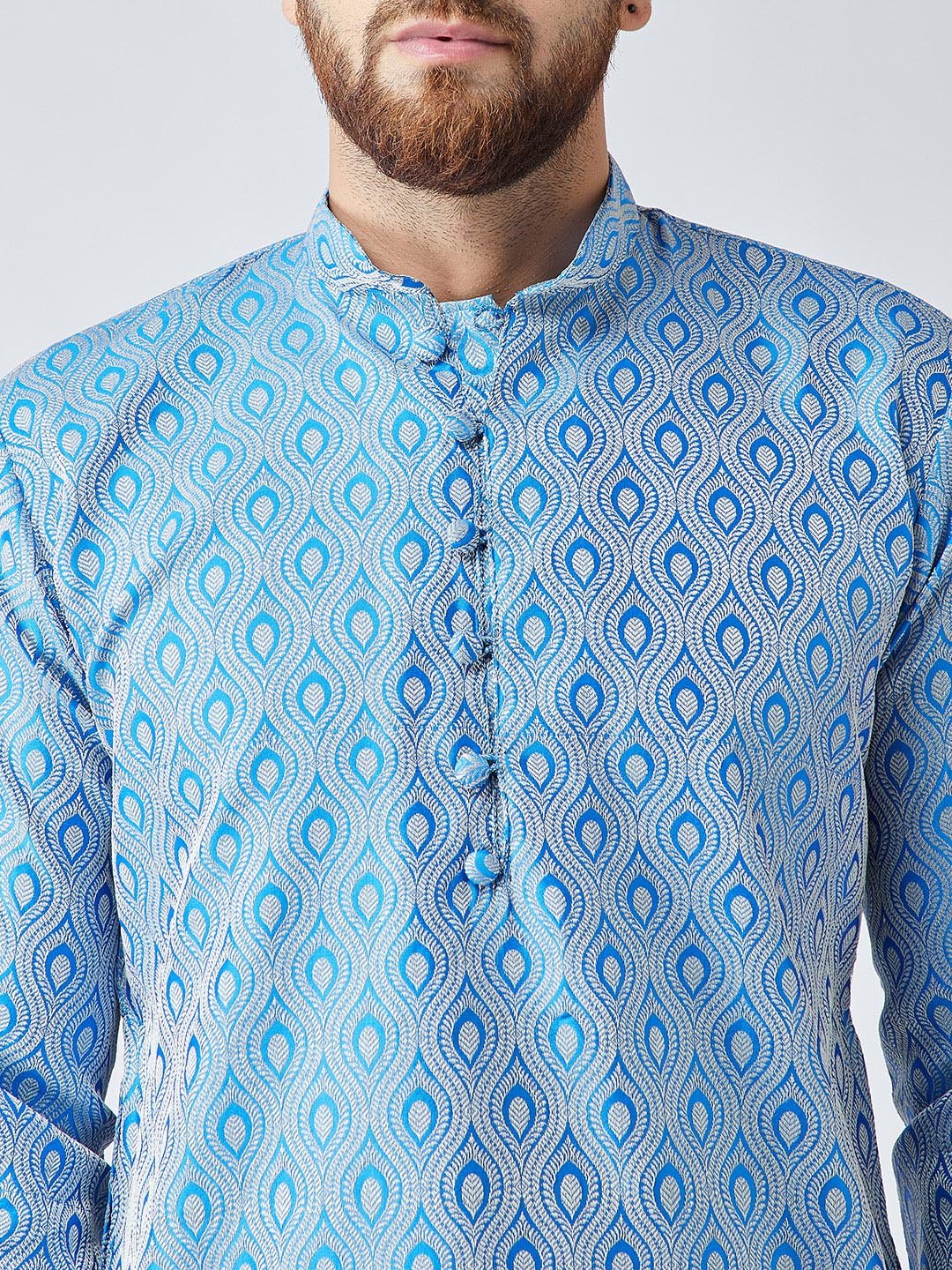 Jompers Men's Sky Blue & Off-White Self Design Kurta with Churidar