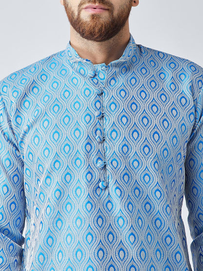 Jompers Men's Sky Blue & Off-White Self Design Kurta with Churidar