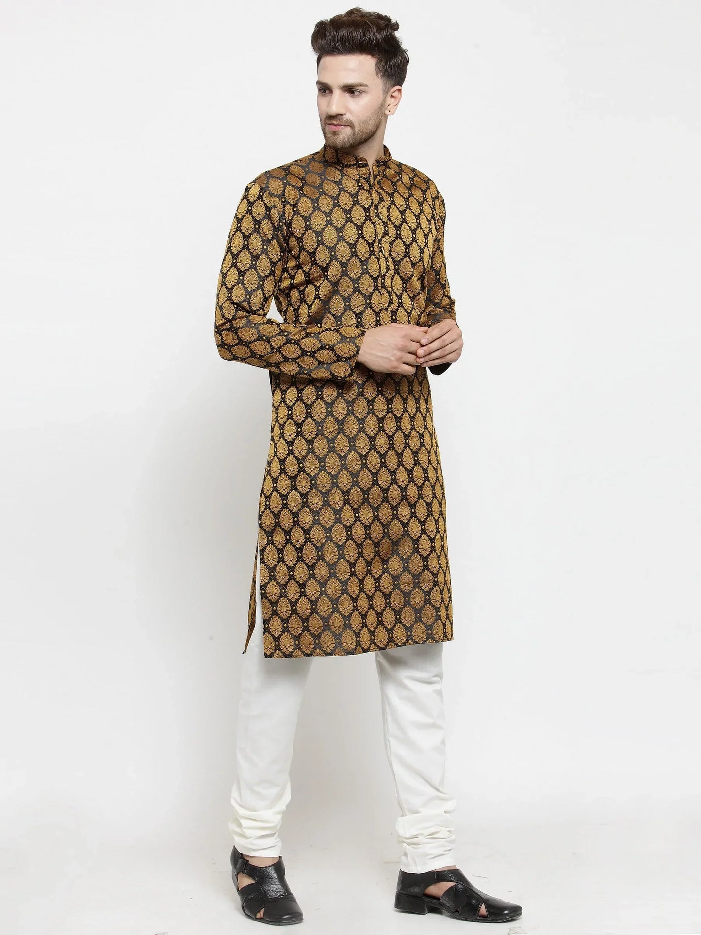 Jompers Men's Black-Colored & Golden Self Design Kurta with Churidar