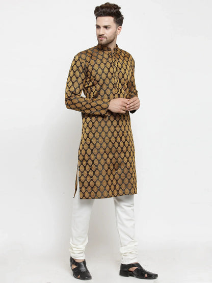 Jompers Men's Black-Colored & Golden Self Design Kurta with Churidar