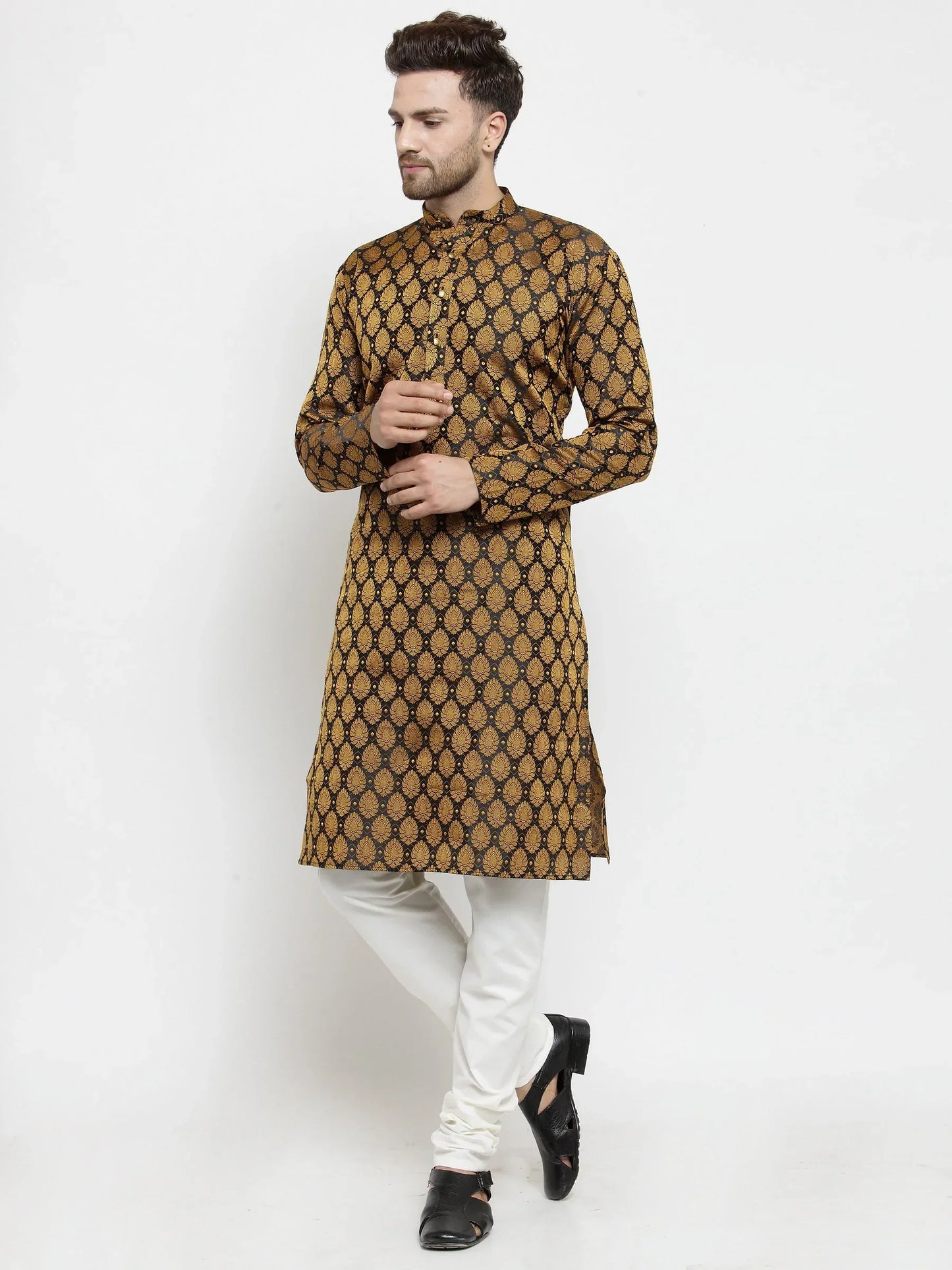 Jompers Men's Black-Colored & Golden Self Design Kurta Only