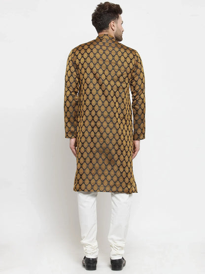 Jompers Men's Black-Colored & Golden Self Design Kurta Only